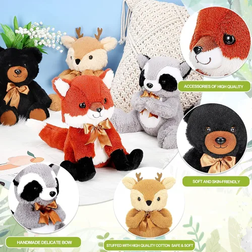 Vista 3 de Zomiboo Juego de 4 piezas de animales de peluche del bosque, de la selva, incluye peluche de alce, zorro, mapache, oso, realista, negro, animales