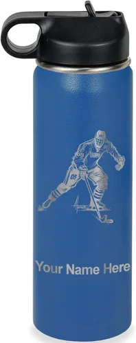 Vista 31 de LaserGram Botella de agua personalizada, jugador de hockey, acero inoxidable de doble pared aislada al vacío con popote superior, regalo grabado