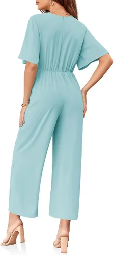 Vista 6 de GAMISOTE Enterizo de pierna ancha para mujer, manga corta, nudo frontal, overol largo de verano 2023
