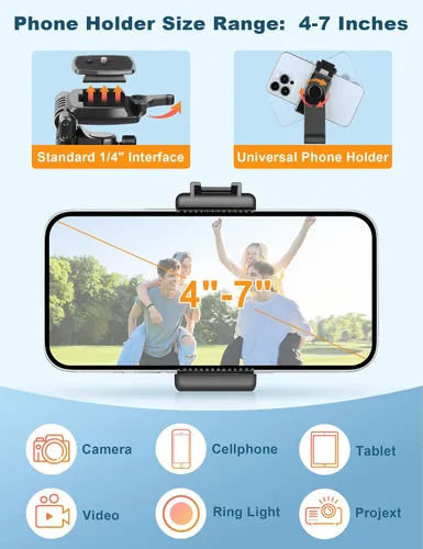 Vista 6 de Trípode para cámara de teléfono, soporte de trípode DSLR de 67 pulgadas con soporte remoto para teléfono, trípodes de viaje de aluminio para fotos