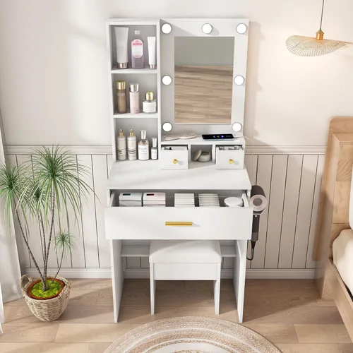Vista 16 de Runboll Escritorio pequeño con espejo y luces, juego de mesa de tocador de maquillaje con toma de corriente, almacenamiento de cajones, taburete