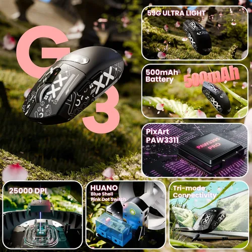 Vista 2 de ATTACK SHARK G3 - Mouse inalámbrico para juegos, Tri-Mode 2.4G/BT5.2/USB-C, sensor PAW3311, 25,000 DPI, 2.08 oz ligero, 5 botones programables, 500