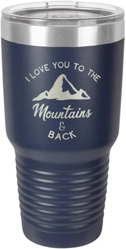 Vista 10 de Vaso negro de 30 onzas con popote y tapa superior deslizante con texto en inglés "I love you to the mountains and back", color negro