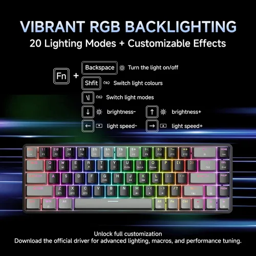 Vista 6 de DIERYA Teclado mecánico inalámbrico DK68 60% para juegos, 3 modos Bluetooth2.4GUSB-C con interruptor azul clicky, retroiluminación RGB