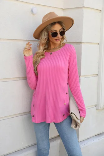 Vista 4 de Lafural Camisetas de manga larga para mujer, camisetas de otoño, suéteres de cuello redondo con botones