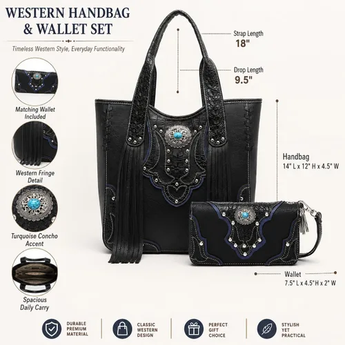 Vista 2 de Estilo occidental vaquera tejida con flecos de cocodrilo magnífico monedero conchos Tote Country Women bolso bolso hombro cartera conjunto 1 juego