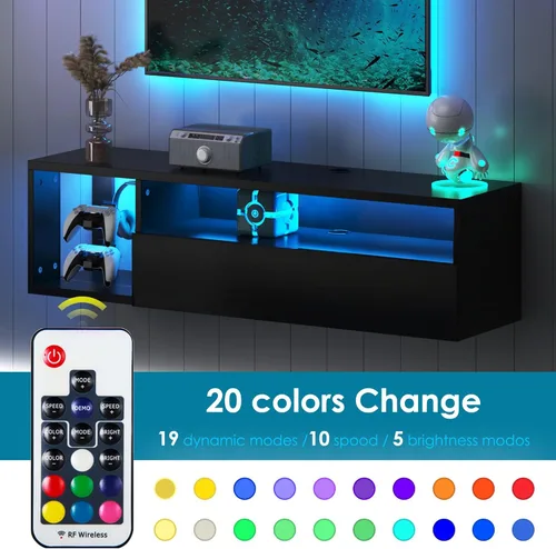 Vista 6 de DlandHome Soporte flotante para TV con luz LED, consola multimedia de 39.3 pulgadas, estante flotante para debajo del televisor con estante
