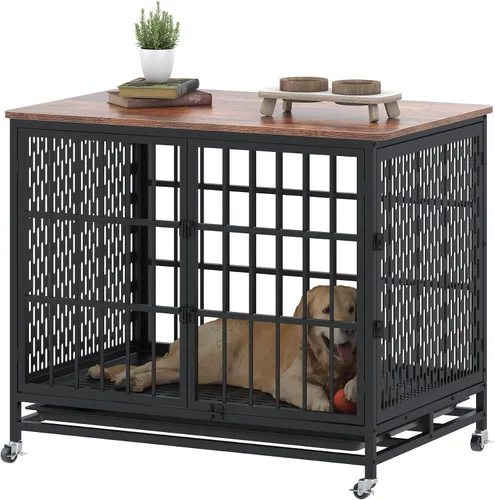 Vista 13 de BOINN Mueble plegable para perros de 41.3 pulgadas, no se ensambla, para perros de interior, jaulas de madera para perros con cuencos giratorios