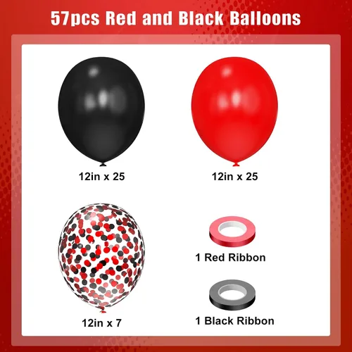 Vista 2 de Globos rojos y negros, 57 globos rojos de 12 pulgadas, globos negros para bodas, Año Nuevo, graduación, decoración de fiesta de cumpleaños