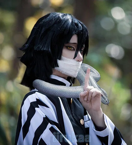 Vista 7 de iirukaa Iguro Obanai Peluca Cosplay para Demon Slaye Anime Kimetsu no Yaiba Personajes de Halloween, pelucas de cosplay con gorra de peluca gratis