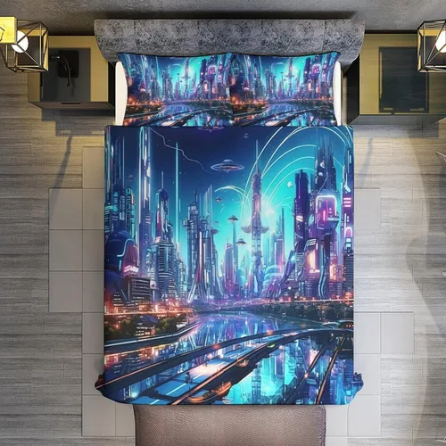 Vista 7 de Art Duvet Cover Full Size, Ultra Soft Microfiber Night Scenery Bedding Set, 3 Pieces City View Pattern Comforter Cover Set with Zipper Closure