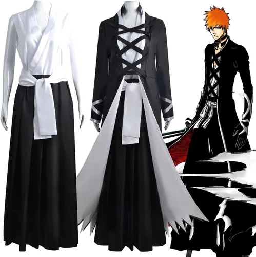 Vista 2 de Bleach cosplay Kurosaki Ichigo Black Cloak Animation uniform Halloween Christmas costume