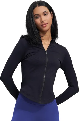 Vista 5 de Chaqueta deportiva de manga larga para mujer, con cremallera completa, para correr, entrenamiento, yoga, ropa deportiva con agujeros para el pulgar
