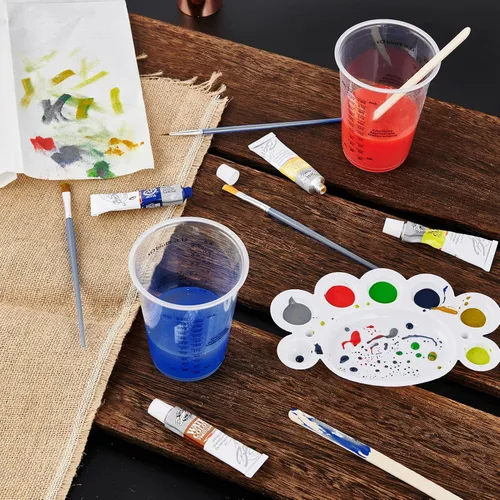 Vista 3 de Paquete de 100 vasos medidores de plástico, vasos desechables de 10 onzas con 100 varillas de mezcla de madera, se pueden utilizar para resina