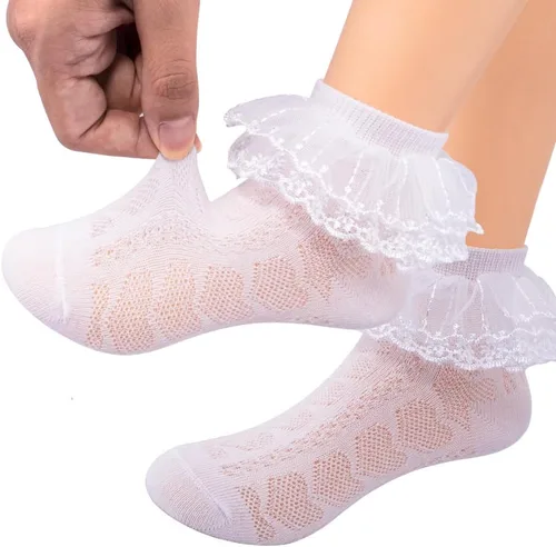 Vista 3 de Looching Calcetines con volantes de malla para bebé y niñas pequeñas, con ojales, de algodón, con volantes, 5 pares