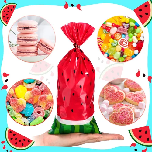 Vista 3 de 100 bolsas de sandía para dulces de celofán, bolsas de plástico de melón a granel con 200 lazos giratorios para regalo de fiesta de cumpleaños