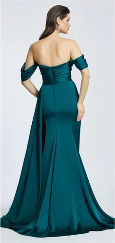 Vista 5 de Vestidos de fiesta con hombros descubiertos 2023 con cuentas de satén de sirena con abertura larga, vestidos de noche para mujer, vestidos de dama