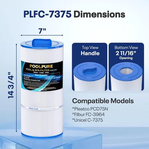 Vista 2 de POOLPURE Filtro de spa C-7375 reemplaza PCD75N, Unicel C-7375, Filbur FC-3964, 1019301, AK-60032, APCC7500, 17543, Cartucho de filtro de 75 pies