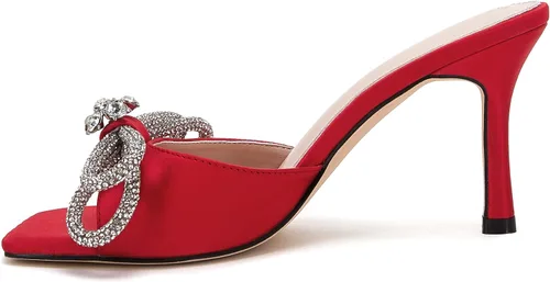 Vista 3 de VETASTE Women's Heeled Sandals Square Open Toe Double Bow Satin Mules Heels Wedding Party Slip on Stilettos