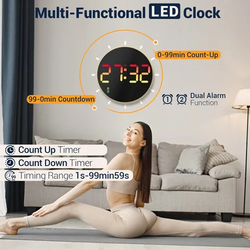 Vista 4 de Reloj de pared digital grande de 10 pulgadas: 13 RGB que cambia de color LED moderno reloj con control remoto, pantalla grande con atenuación