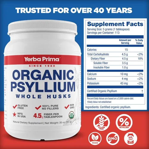 Vista 2 de Yerba Prima Cáscaras Enteras de Psyllium Orgánico Limpiador de Colon - 20 oz - Suplemento Dietético Natural Diario de Fibra 20oz, Limpiador