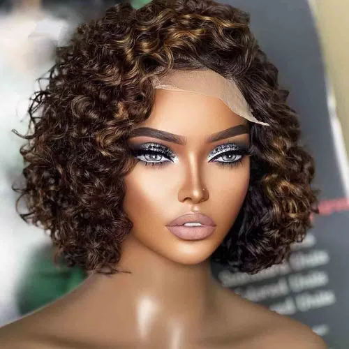 Vista 2 de Pelucas cortas de cabello humano rizado estilo Bob con reflejos, pelucas de encaje frontal HD de 13 x 4, pelucas de cabello brasileño con corte