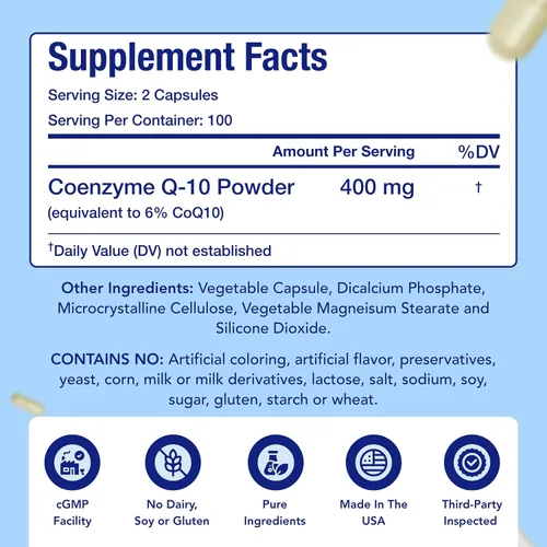 Vista 4 de Cápsulas CoQ10 de 400 mg Coenzima Q10 apta para veganos 400 mg por porción de suplemento de ubiquinona de fácil absorción para la piel, corazón