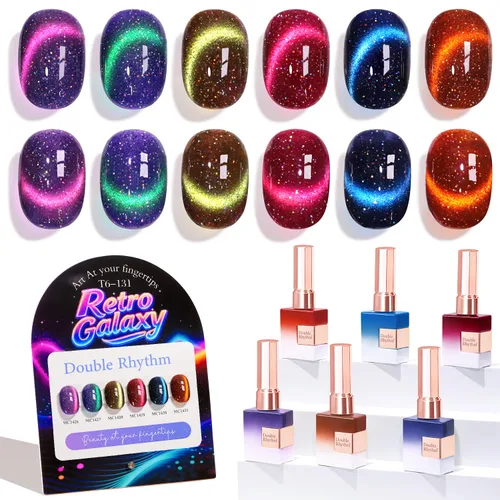 Vista 18 de Double Rhythm - Juego de esmalte de uñas de gel ojo de gato de 6 unidades, mismo color, misma botella, 14.8 ml, brillo con glitter, con imán Aurora