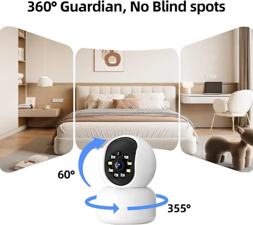 Vista 3 de Hawkray - Cámara de seguridad de 360° 2K 3MP para interiores, alerta de movimiento inteligente WiFi de 2.4/5 GHz con IA y conexión 911, visión