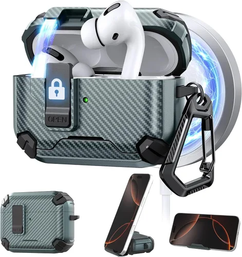 Vista 42 de Maxjoy Funda protectora para AirPods 4 2024, funda protectora para AirPods de 4ª generación con bloqueo automático, compatible con MagSafe, Verde