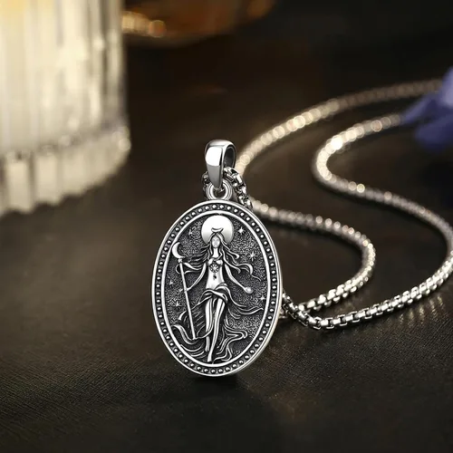 Vista 162 de EUDORA Collar de plata de ley 925 con moneda Hécate, Athena, Perséfono, Nyx, diosa de la luna triple, diosa celta, rueda de Hécate, llave, regalo