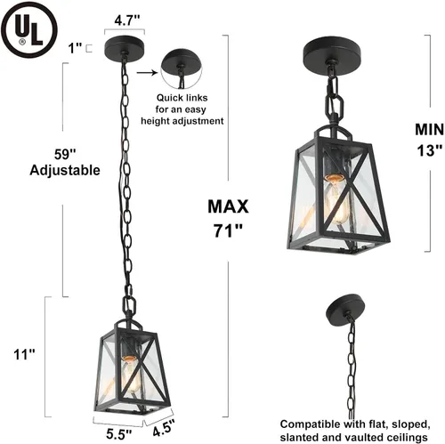 Vista 4 de Lámpara colgante para exteriores, luces colgantes antioxidantes exteriores de granja, luz de techo negra para exteriores con vidrio sembrado Negro