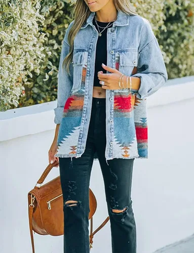 Vista 6 de Haellun Chaqueta azteca de manga larga con solapa y botones para mujer