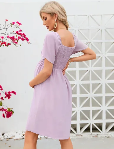 Vista 3 de KOJOOIN Vestido de maternidad de verano para mujer, lazo en la espalda, cuello cuadrado, manga abombada, hombros descubiertos, vestido de baby shower