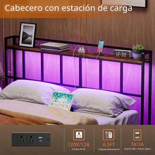 Vista 4 de LAKEMID Cabecera tamaño Queen, cabeceros con luz LED, salidas y puertos USB, cabecera con estante de almacenamiento, cabecera resistente y estable