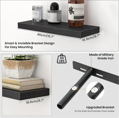 Vista 3 de Heimlove Estantes flotantes para pared, estante de 16 pulgadas para baño pequeño, almacenamiento montado y exhibición, estantes de madera para Negro