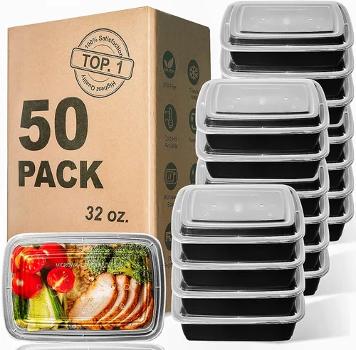 Vista 8 de WGCC Recipientes para preparación de comidas, paquete de 50 recipientes de almacenamiento de alimentos extragruesos con tapas, lonchera Bento