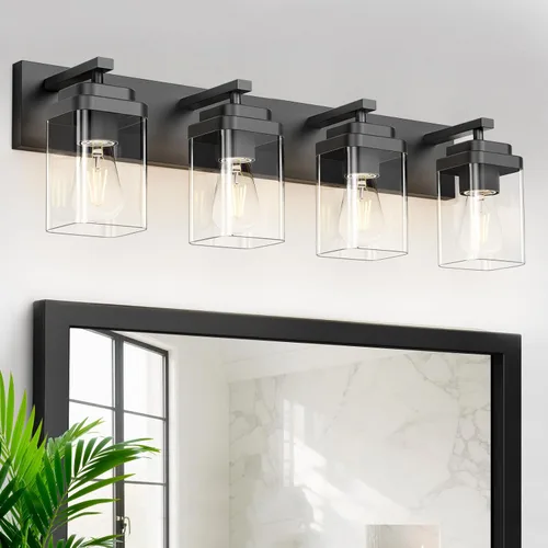 Vista 16 de Lámparas de baño de oro cepillado, 4 luces de baño sobre el espejo, diseño cuadrado y placa trasera grande rectangular, accesorios de iluminación
