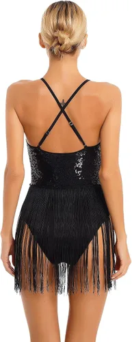 Vista 4 de Xnihocha Body de mujer con tirantes delgados y lentejuelas brillantes y flecos, para bailarín latino de jazz, ballet, bailarina latina