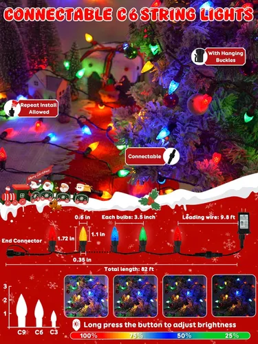Vista 3 de Luces de cadena navideñas LED C6 conectables mejoradas de 250 LED multicolor, 82 pies, impermeables, luces centelleantes navideñas para exteriores