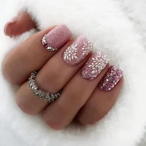 Vista 9 de Uñas postizas a presión con copos de nieve, uñas postizas cuadradas cortas de Navidad, uñas acrílicas negras con purpurina, kit de uñas postizas