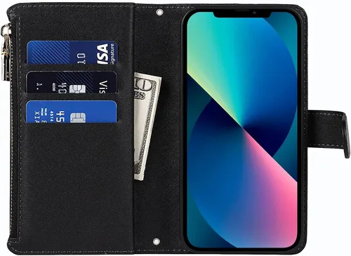 Vista 6 de Funda Cartera para iPhone 13/14 con Tarjetero, Funda Cruzada con Correa para el Hombro, Bolsillo con Cremallera Cartera de Cuero PU para iPhone 13