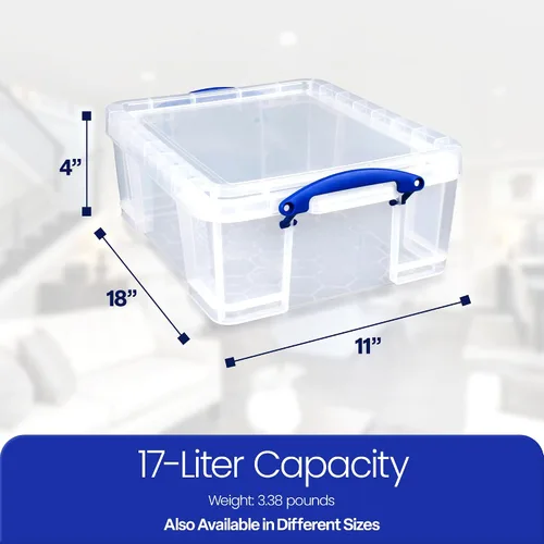 Vista 2 de Really Useful Box - Contenedores de plástico para almacenamiento de 17 litros con tapas de cierre y clip, transparentes