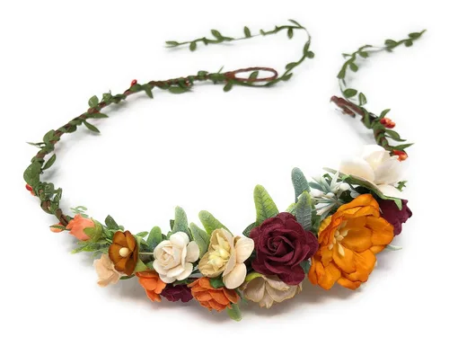 Vista 4 de Corona de flores burdeos marfil diadema de boda adulto diadema halo floral corona de pelo (borgoña y marfil)