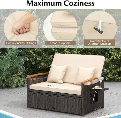 Vista 7 de LDAILY Moccha - Sofá de mimbre para exteriores, sofá biplaza de ratán para patio con respaldo ajustable de 4 niveles, paneles plegables, otomana