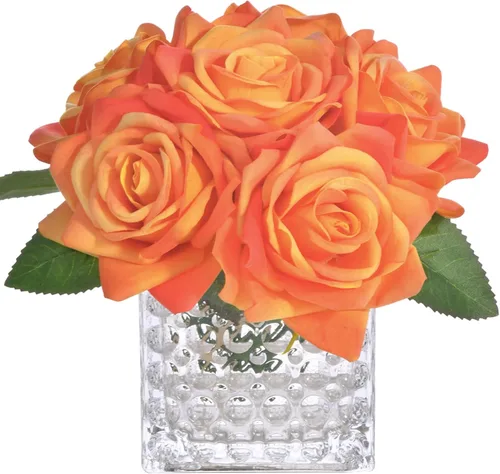 Vista 14 de Arreglo de centro de mesa de rosa artificial de seda en florero de vidrio con luz LED para decoración de bodas en el hogar (Negro)