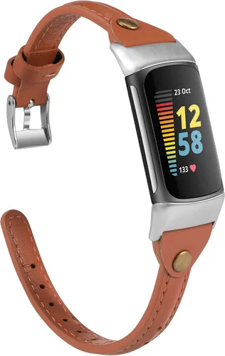 Vista 11 de Wearlizer Correa de cuero compatible con correas Fitbit Charge 5/6, correa de reloj de cuero delgada de repuesto para mujeres y hombres Beige
