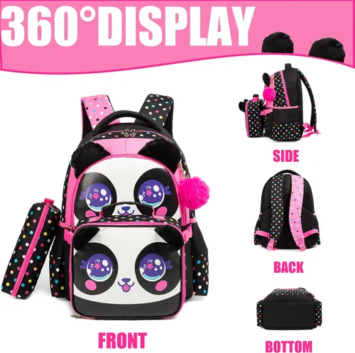 Vista 4 de Mochilas escolares para niñas con lonchera, mochila escolar para niñas, juego de mochila escolar bonita para jardín de infantes, Negro -, Mochila