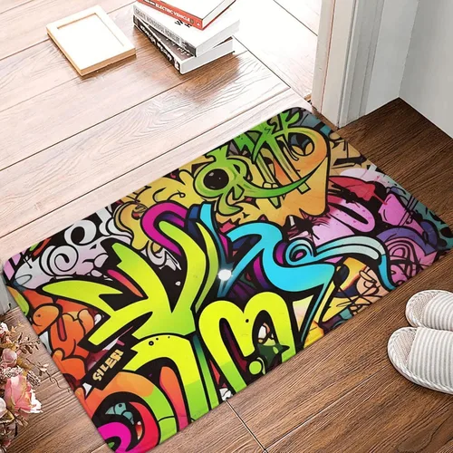 Vista 2 de Tapete con estampado de grafiti, tapete antideslizante y lavable para interiores y exteriores, tapete de bienvenida absorbente para cocina