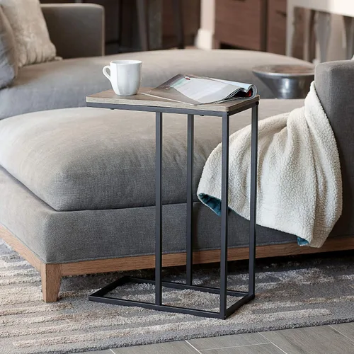 Vista 8 de Household Essentials Mesa auxiliar estrecha industrial Ashwood Marco de metal en forma de C y parte superior rectangular de madera sintética, mesa